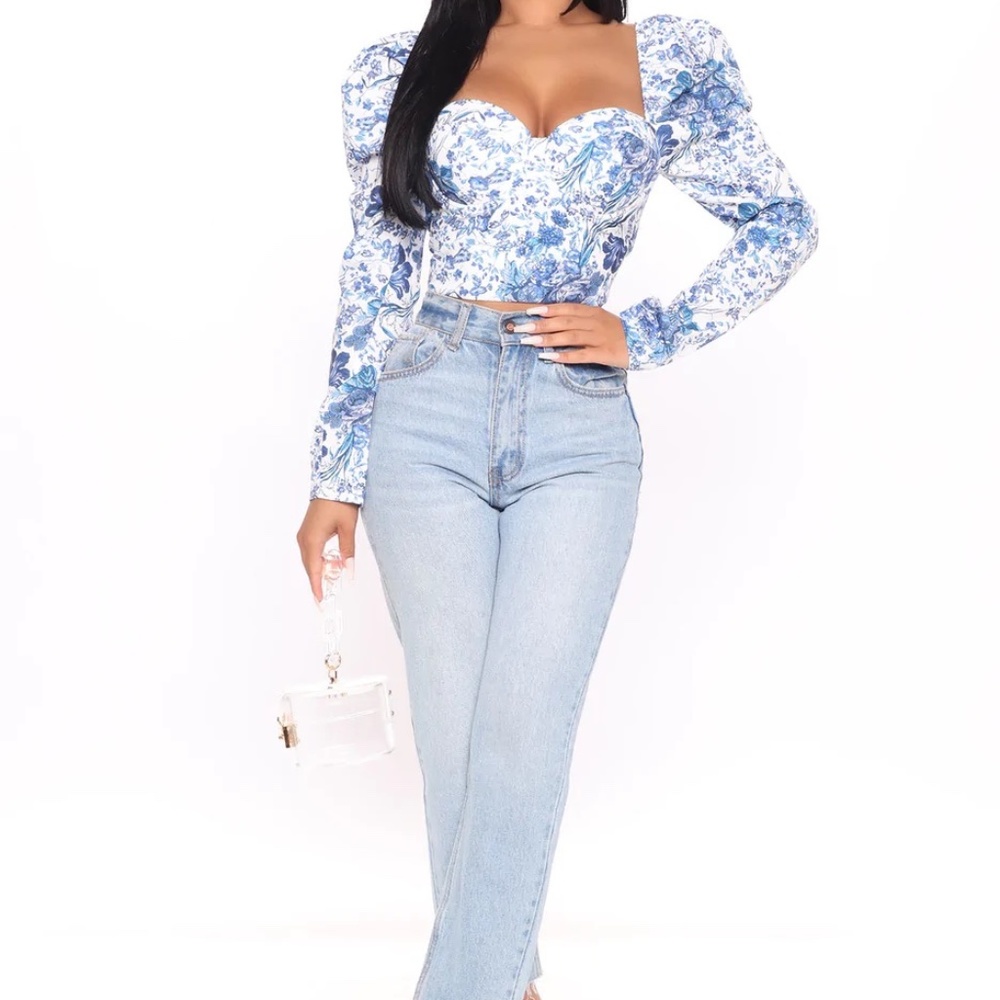 Blue/White Puffed Shoulder Long Sleeve Top - Size Small